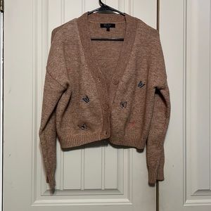Brown cardigan, with butterfly embroidered blue, pink, and brown